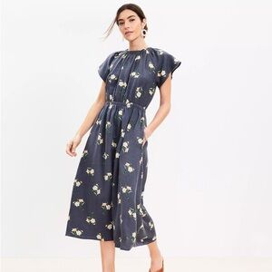 LOFT Daffodil Linen Blend Smocked Flutter Sleeve Midi Dress